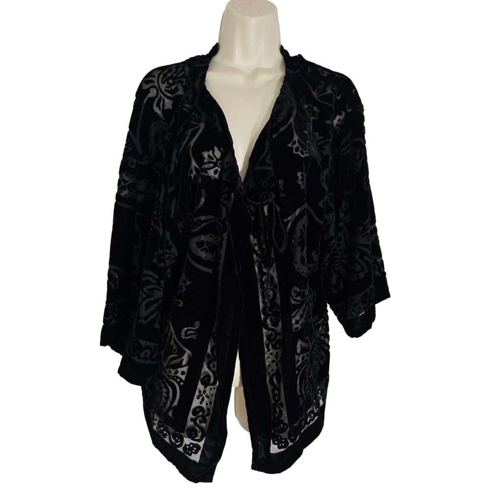 Birch Hill Black Burnout Velvet Kimono Cardigan Paisley Beaded Tassel Open Front